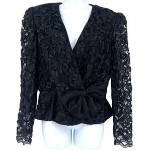 Vintage 80s Patra Ribbon Womens Blazer Sz 11/12 Black Bow Dainty Glam Lace Wrap